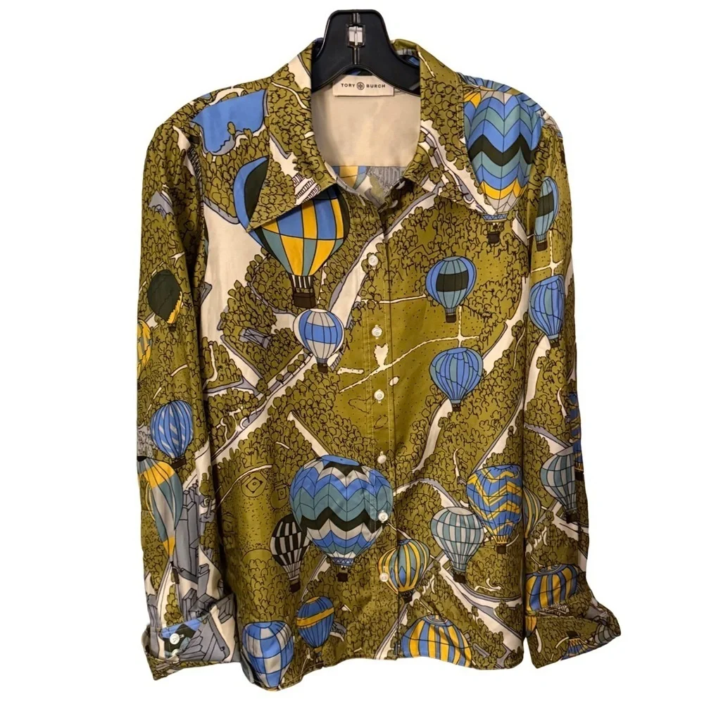 Tory Burch Green and Blue Hot Air Balloon Print Silk Twill Blouse Size 8 EUC